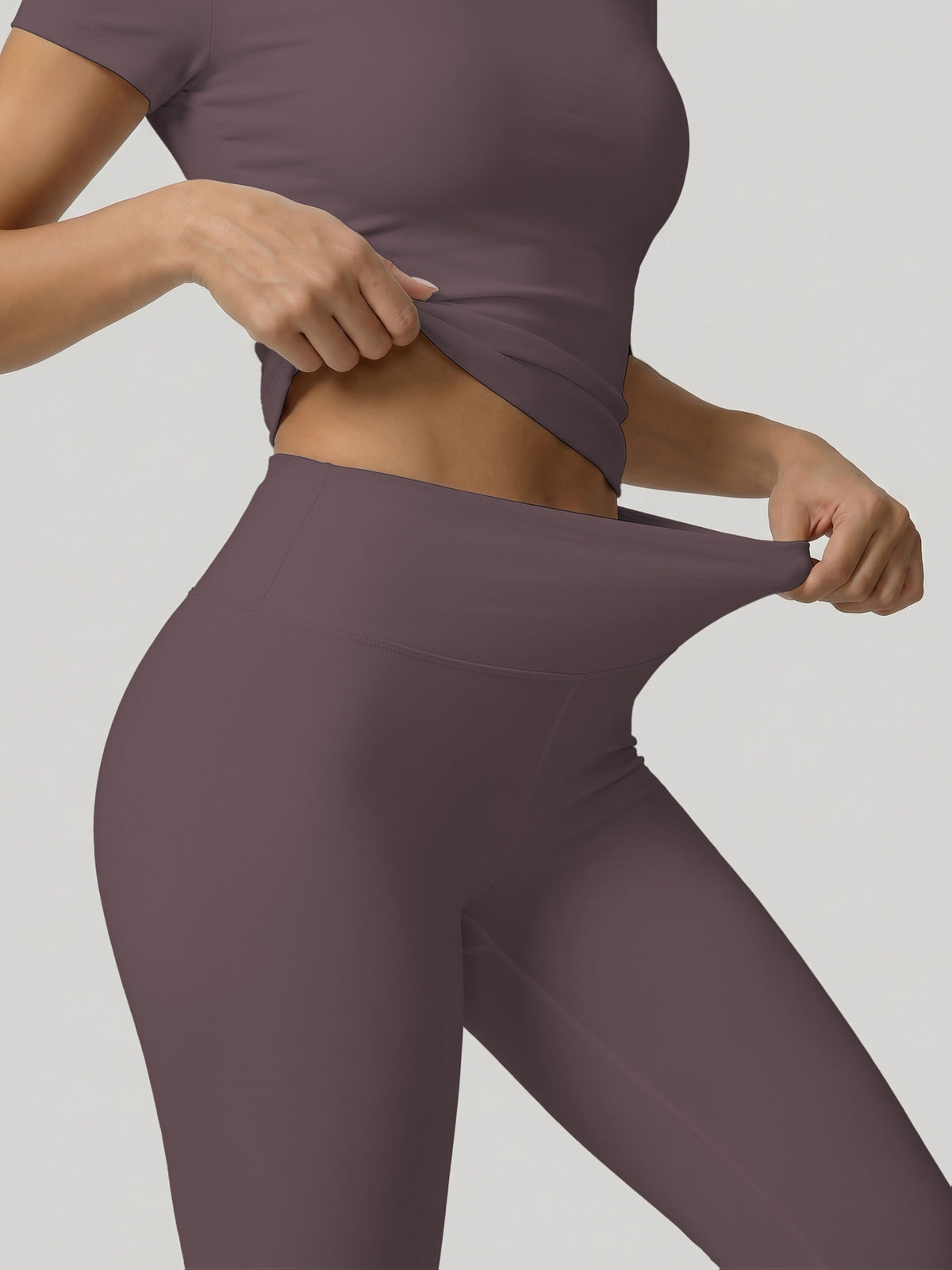 Round Neck Top & Tummy Tuck Leggings Set - Eggplant Purple