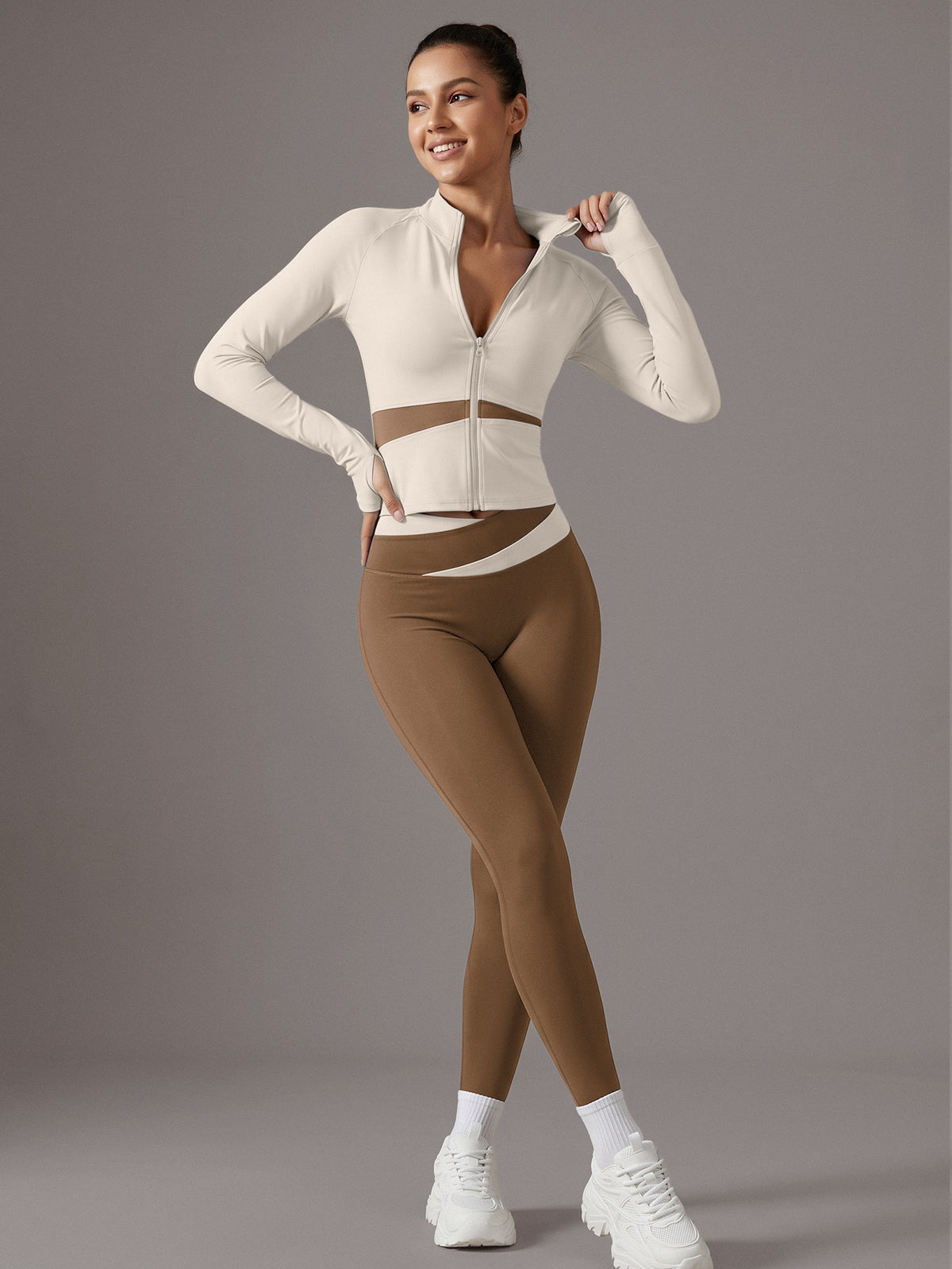 Color Block Cardigan Jacket & Slim Pants Set - Ivory White & Linen