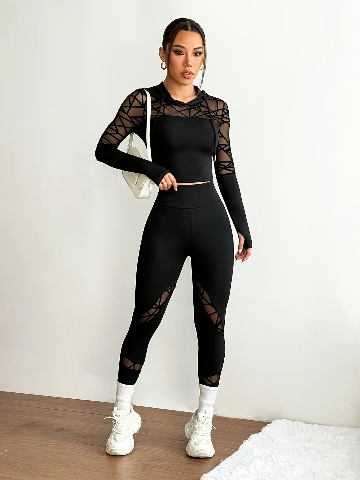 Mesh Panel Thumbhole Hoodie & Leggings Set - Black