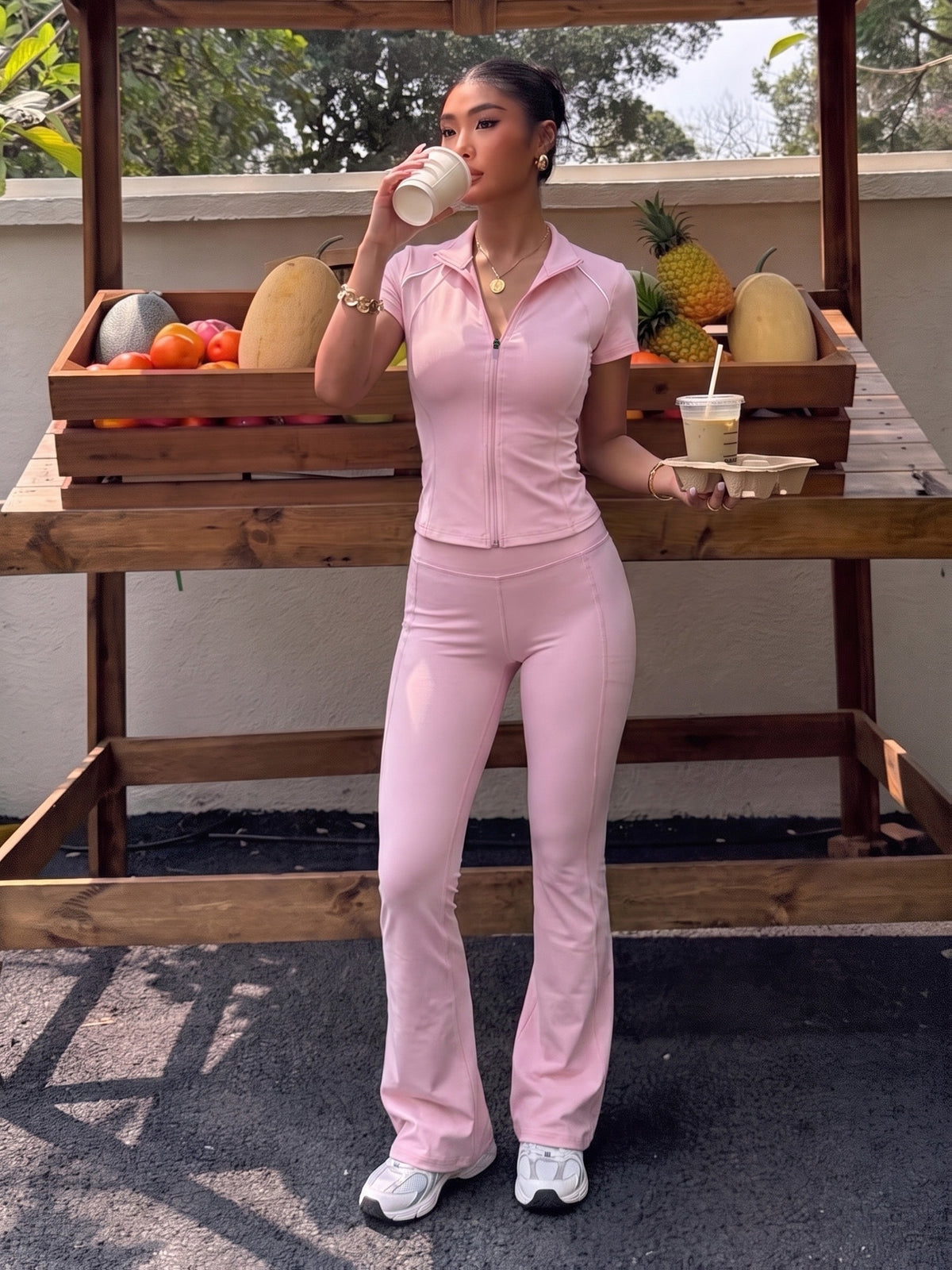 Zipper Jacket & Wide Leg Trousers Set - Hot Pink