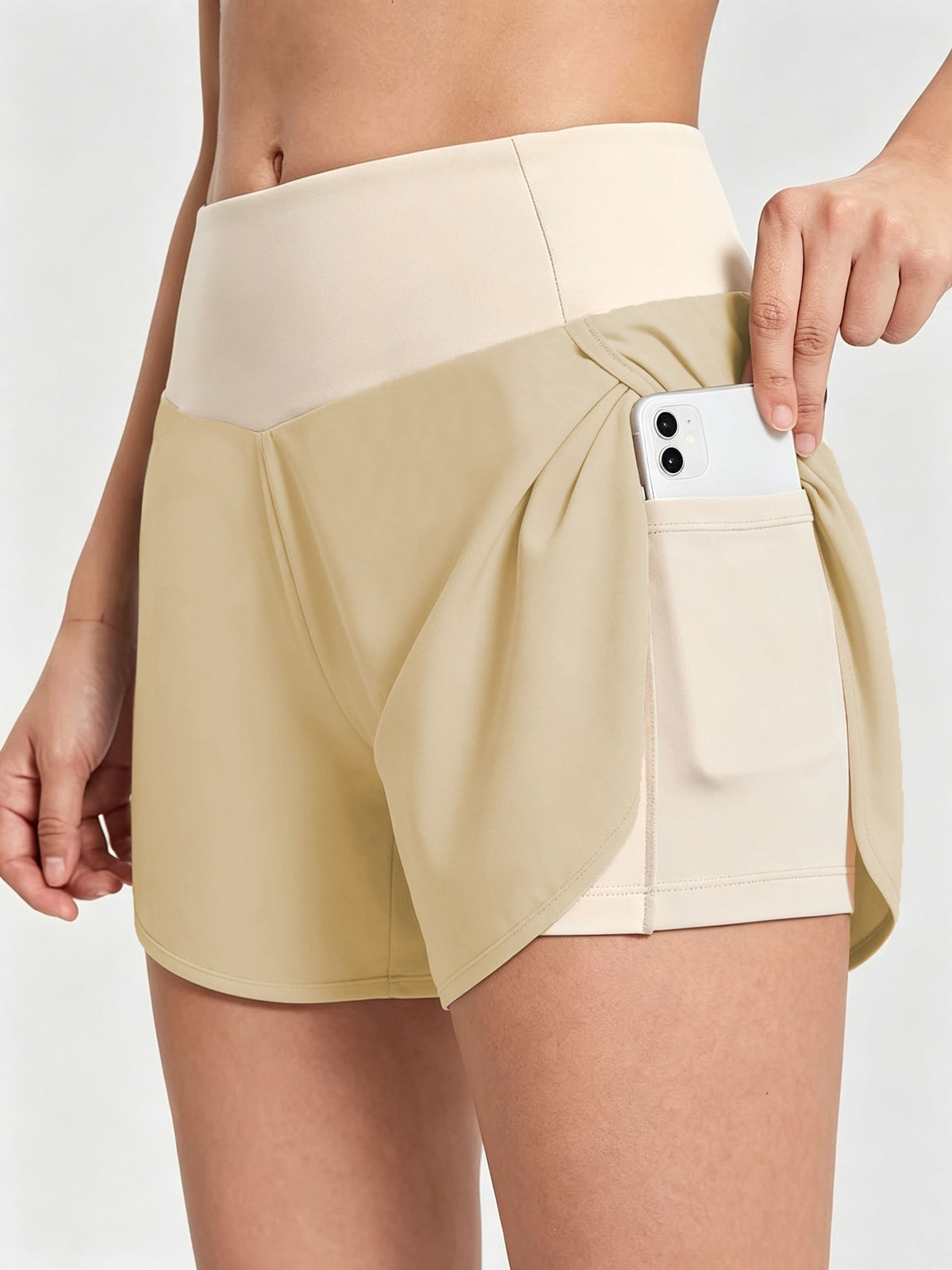 Pocket Anti-Sheer High Waist Running Shorts - Apricot