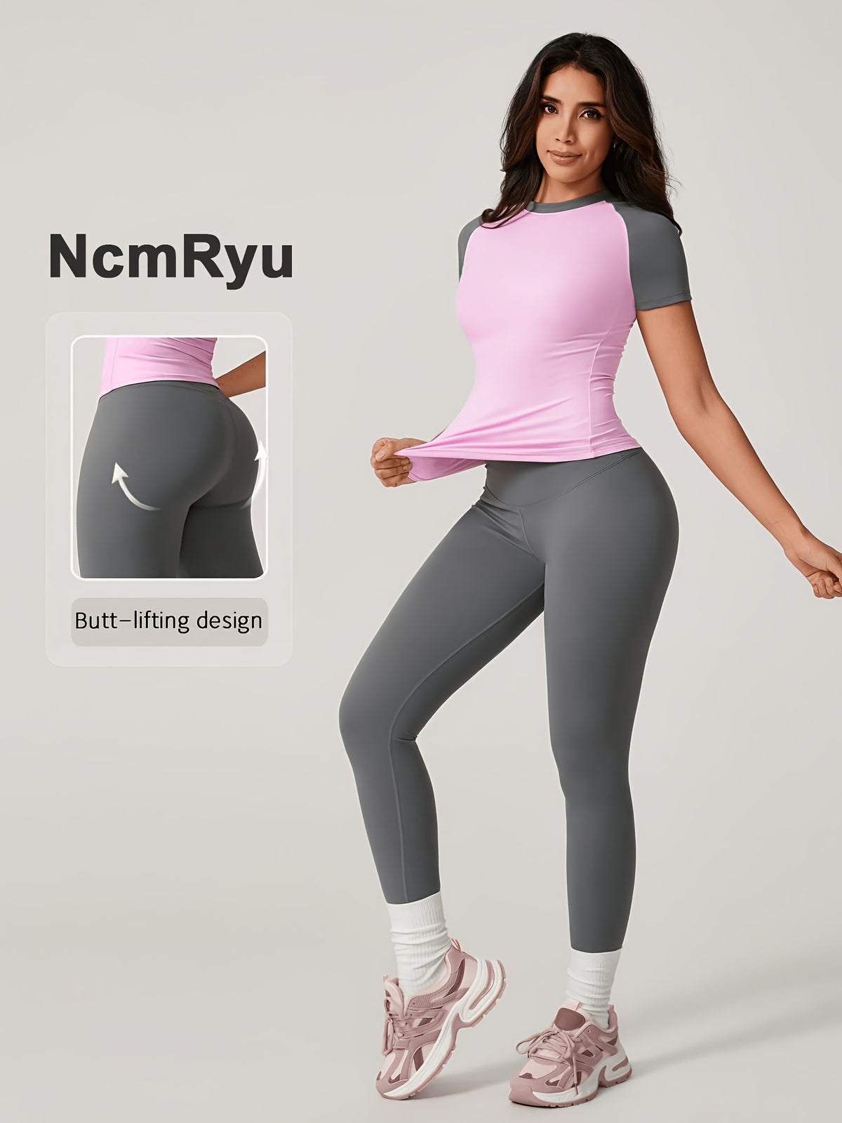 Colour Block Tee & Leggings Set - Pink & Grey