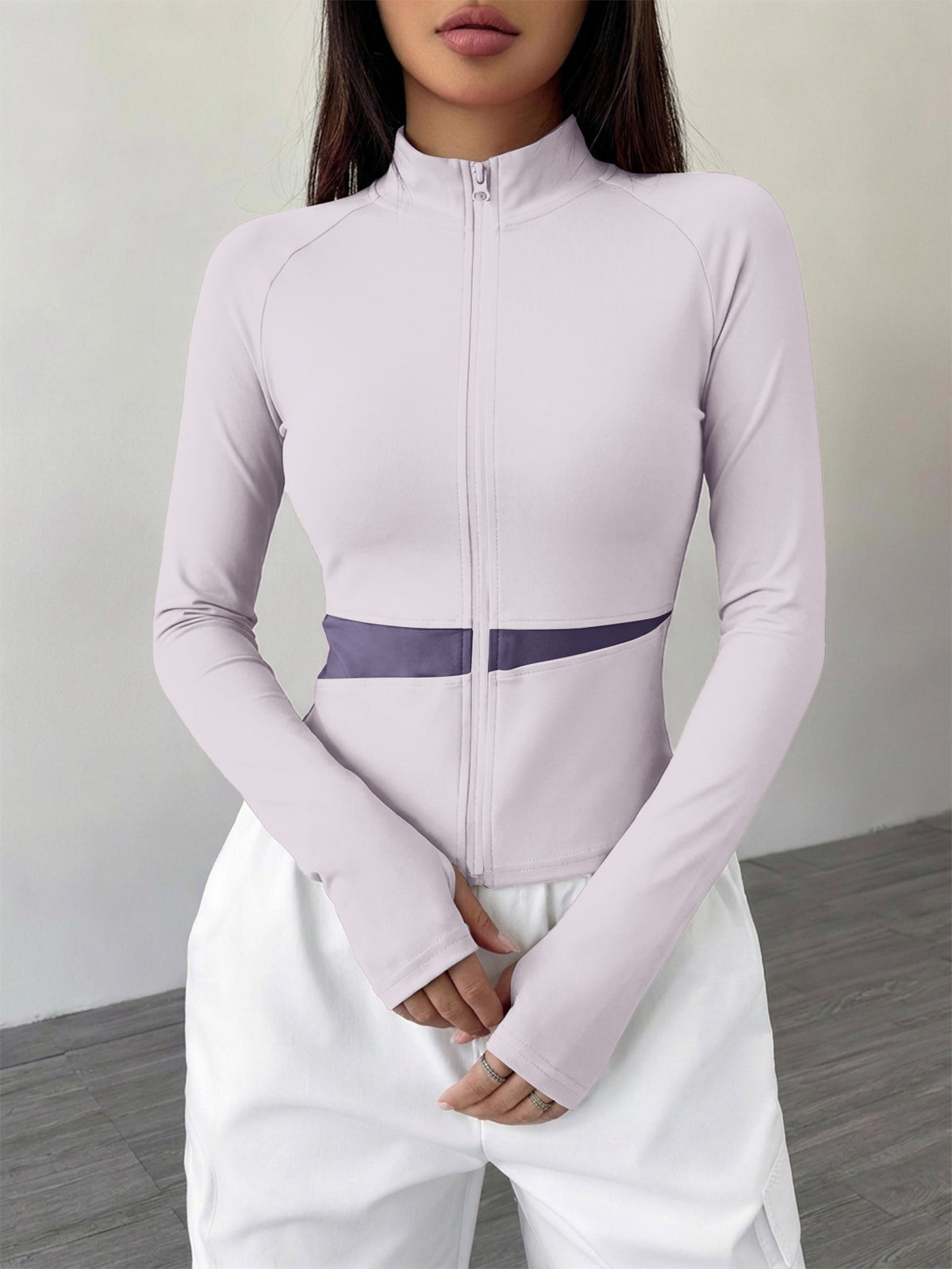 Spliced Full Zip Thumb Loop Top - Light Purple