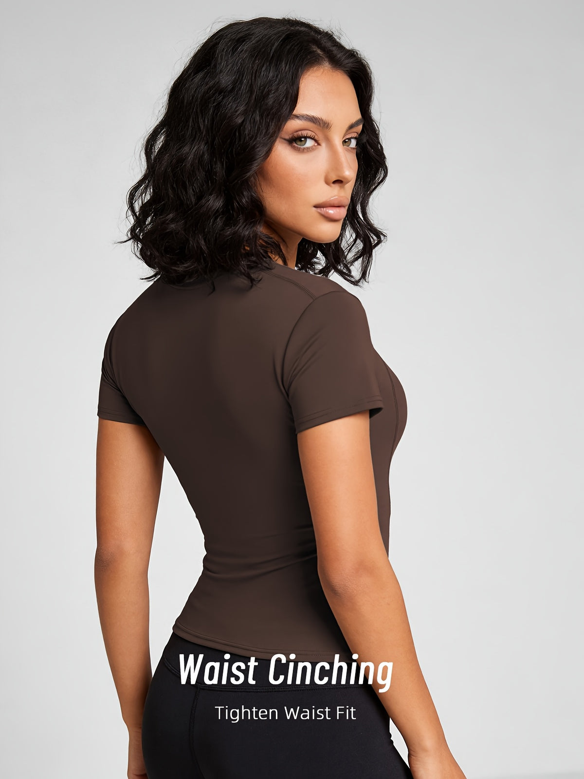 Quick-Dry Round Neck Yoga Tee - Coffee