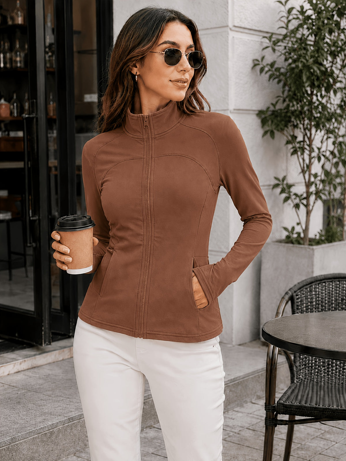 Stand Collar Double Sided Zip Jacket - Brown