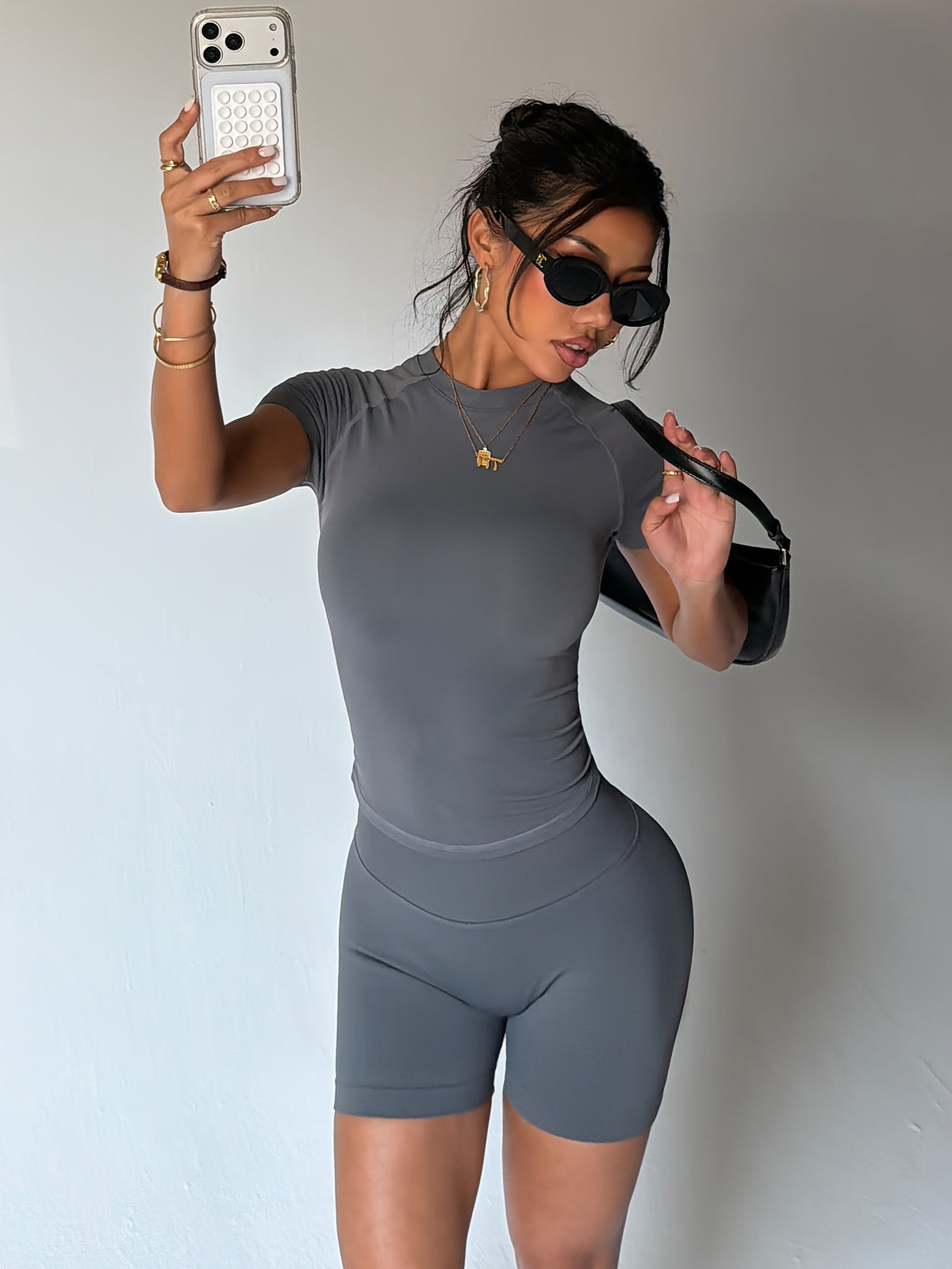 Fitted Short Sleeve Top & Shorts Set - Grey