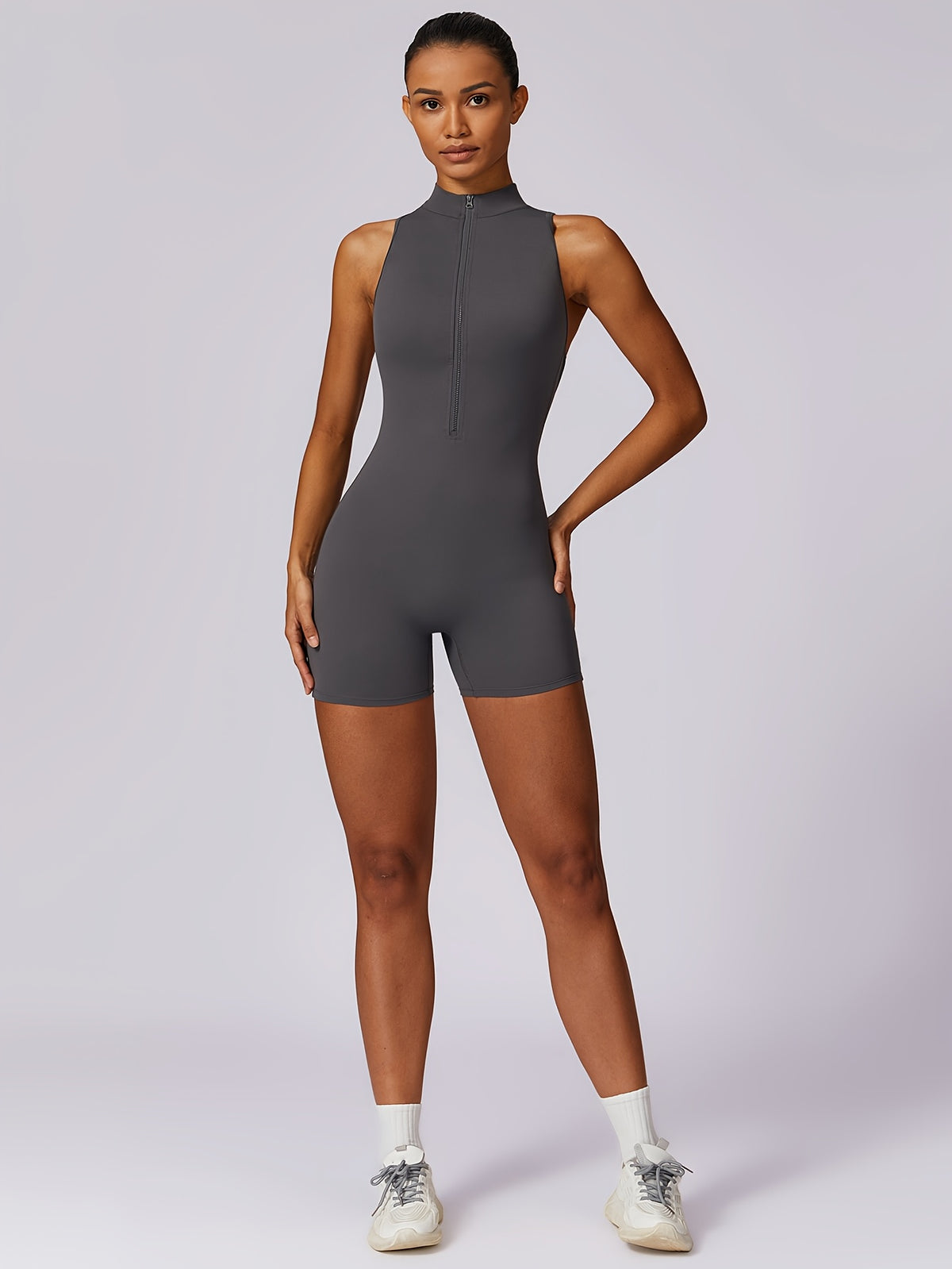 Zip Front Short Yoga Jumpsuit - Lead Grey