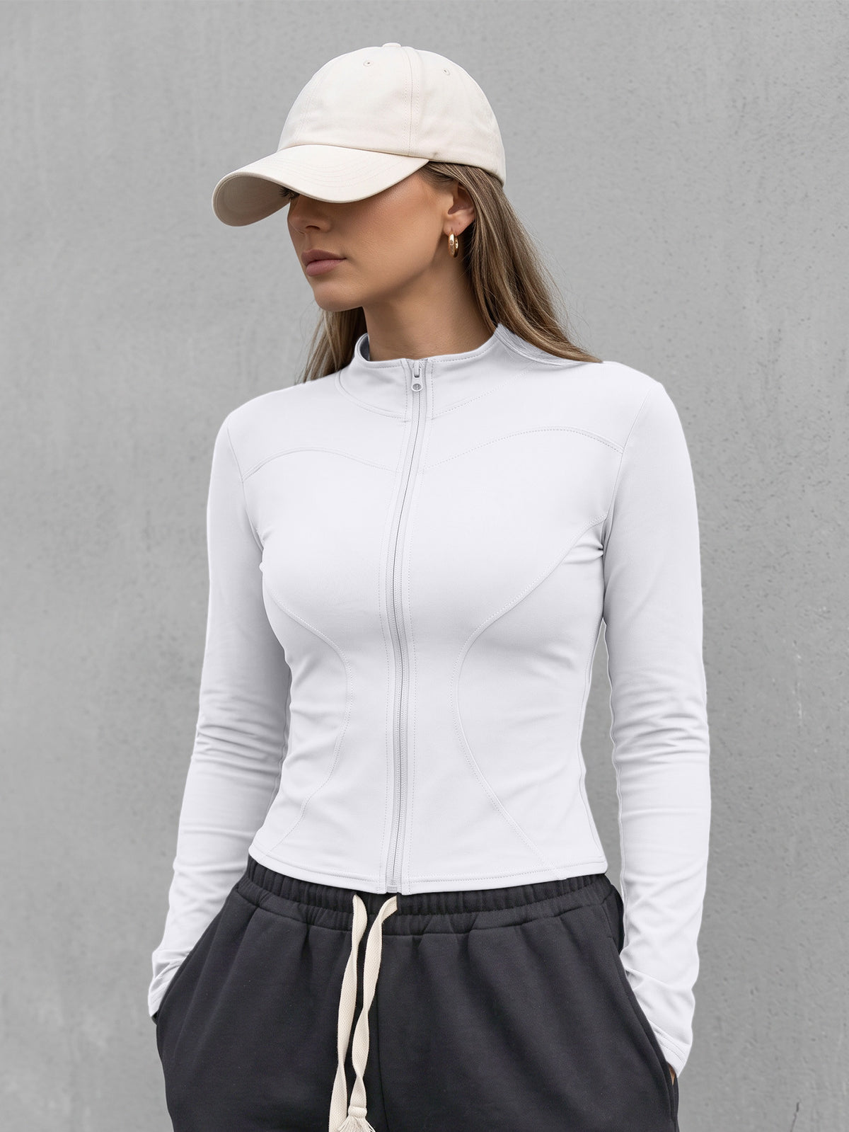 Thumbhole Stand Collar Zip Jacket - White