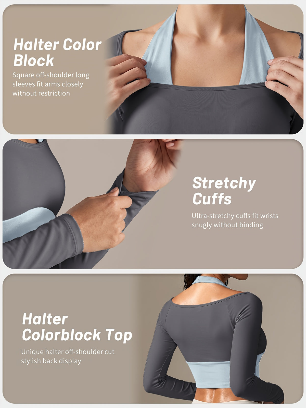 Faux Two-Piece Halter Color Block Top - Grey
