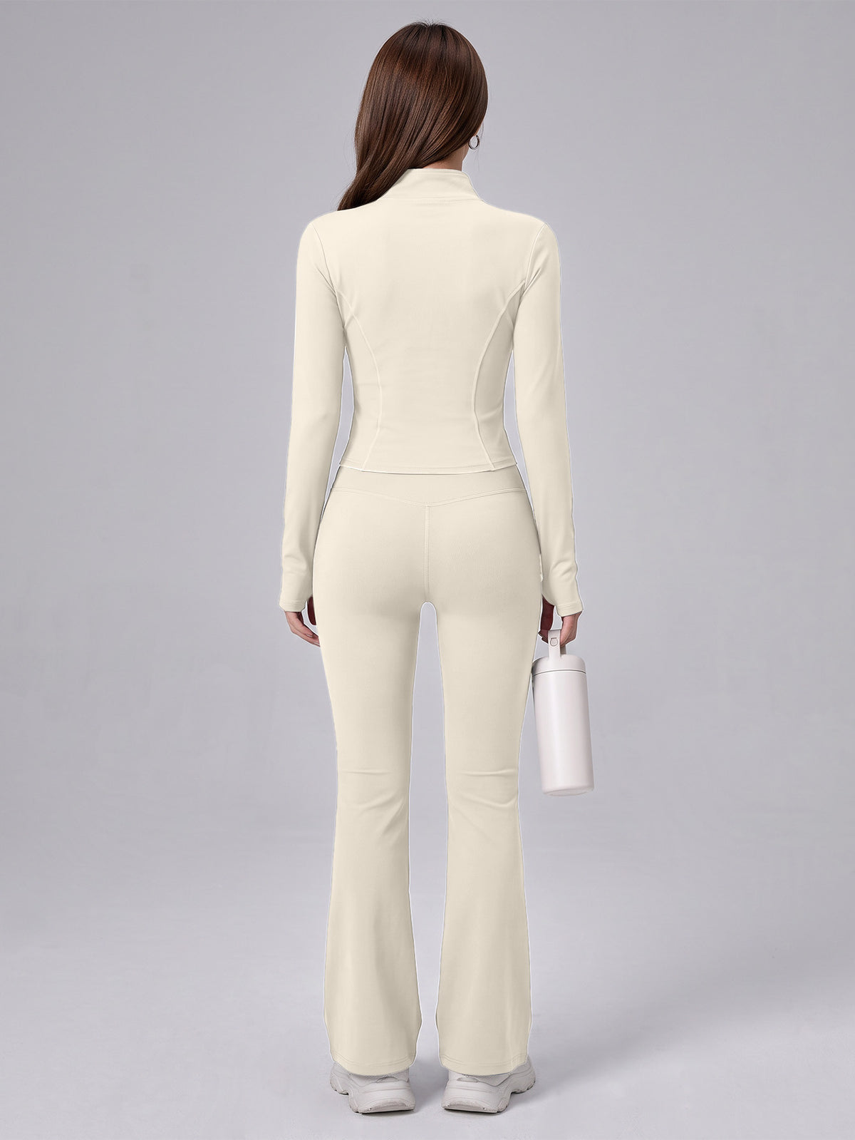 Nude Feel Zip Jacket & Flare Pants Set - Ivory White