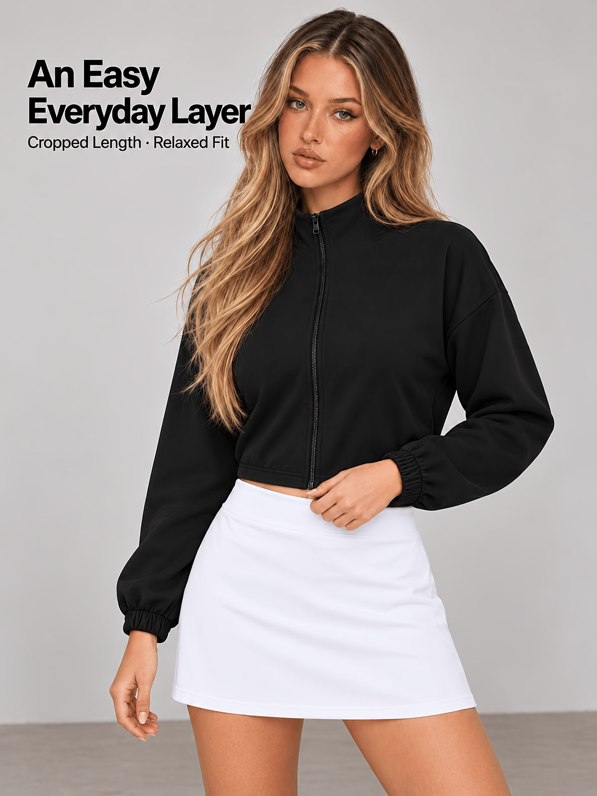 Stand Collar Full Zip Cropped Jacket - Black