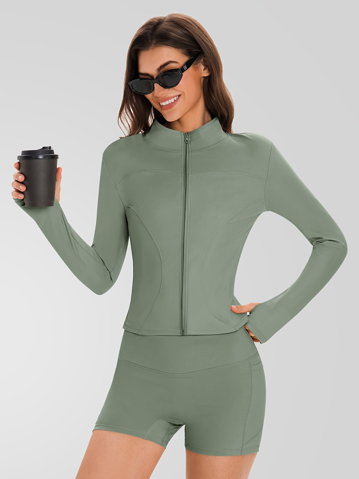 Zip Jacket & Pocket Shorts Set - Sage Green