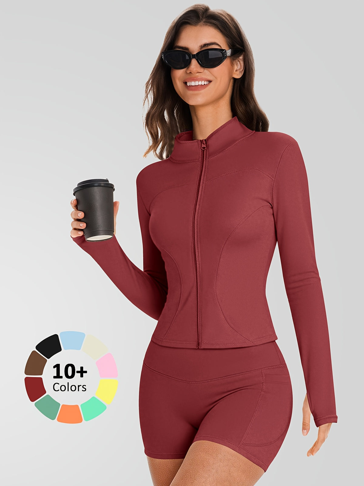 Zip Jacket & Pocket Shorts Set - Burgundy