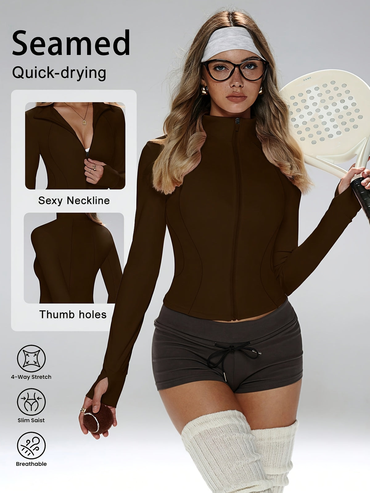 Thumbhole Shaping Zip Jacket - Coffee