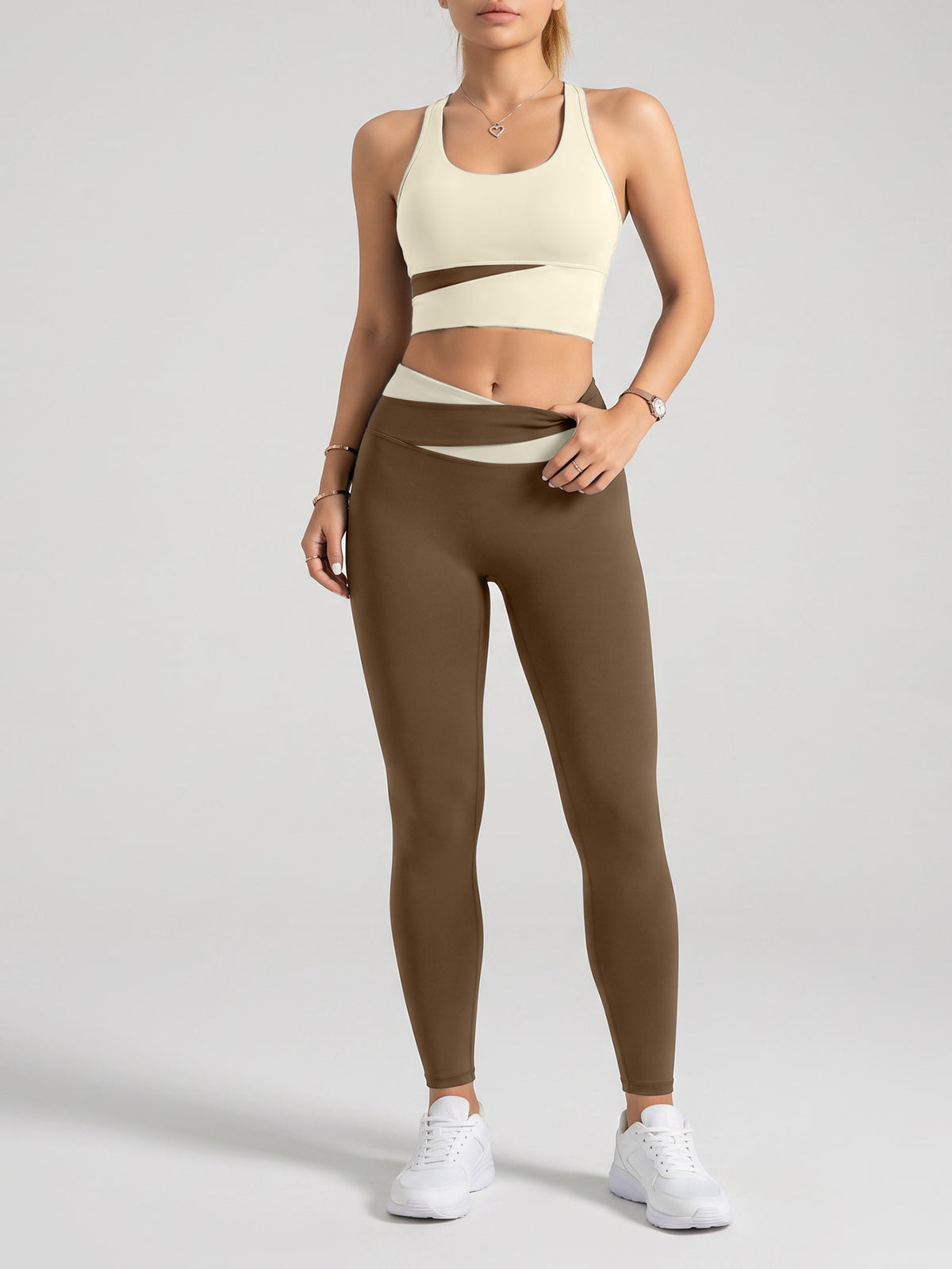 Letter Back Bra & Crossover Waist Leggings Set - Ivory White & Cocoa