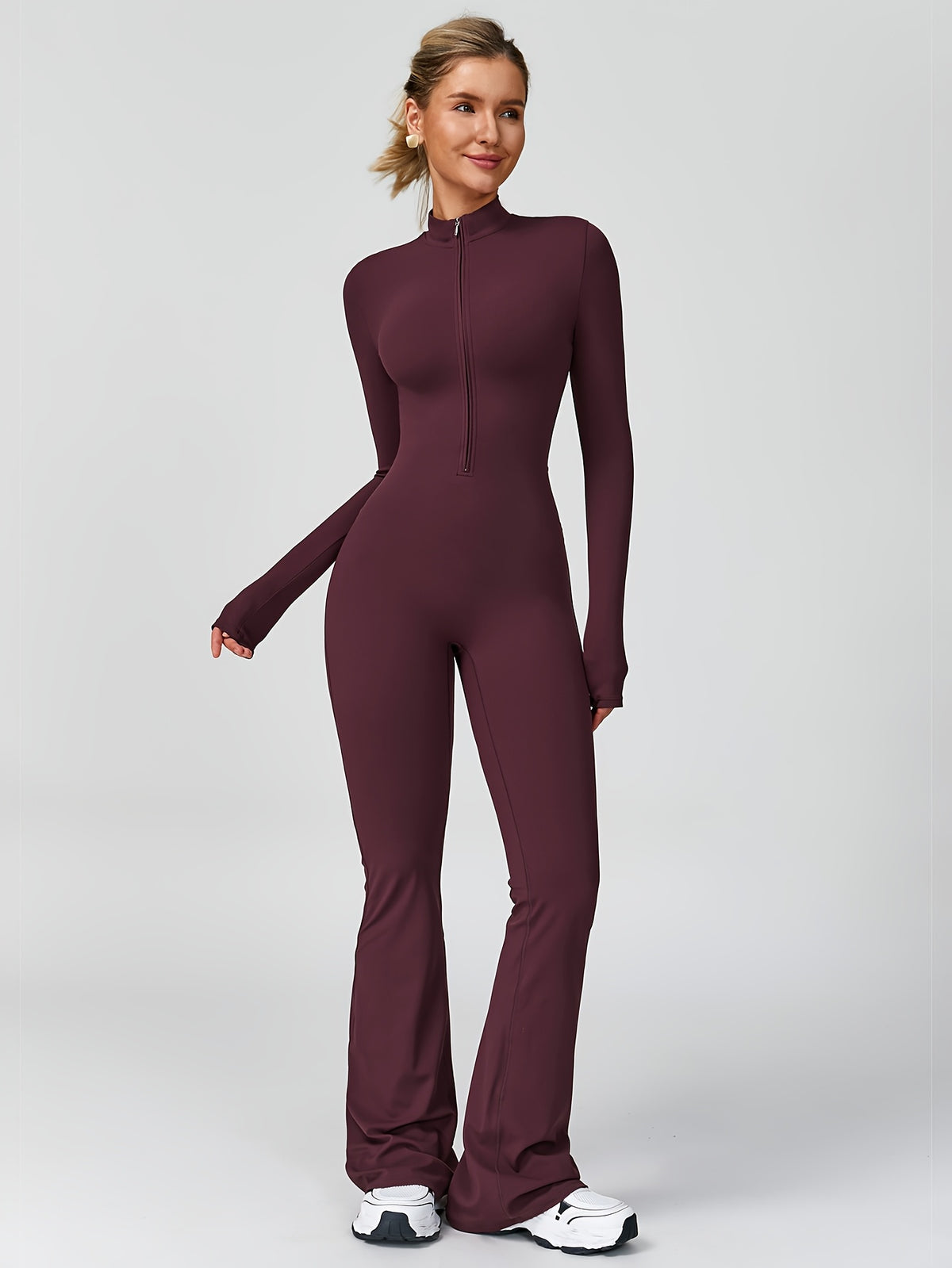 Long Sleeve Zip Flare Jumpsuit - Burgundy