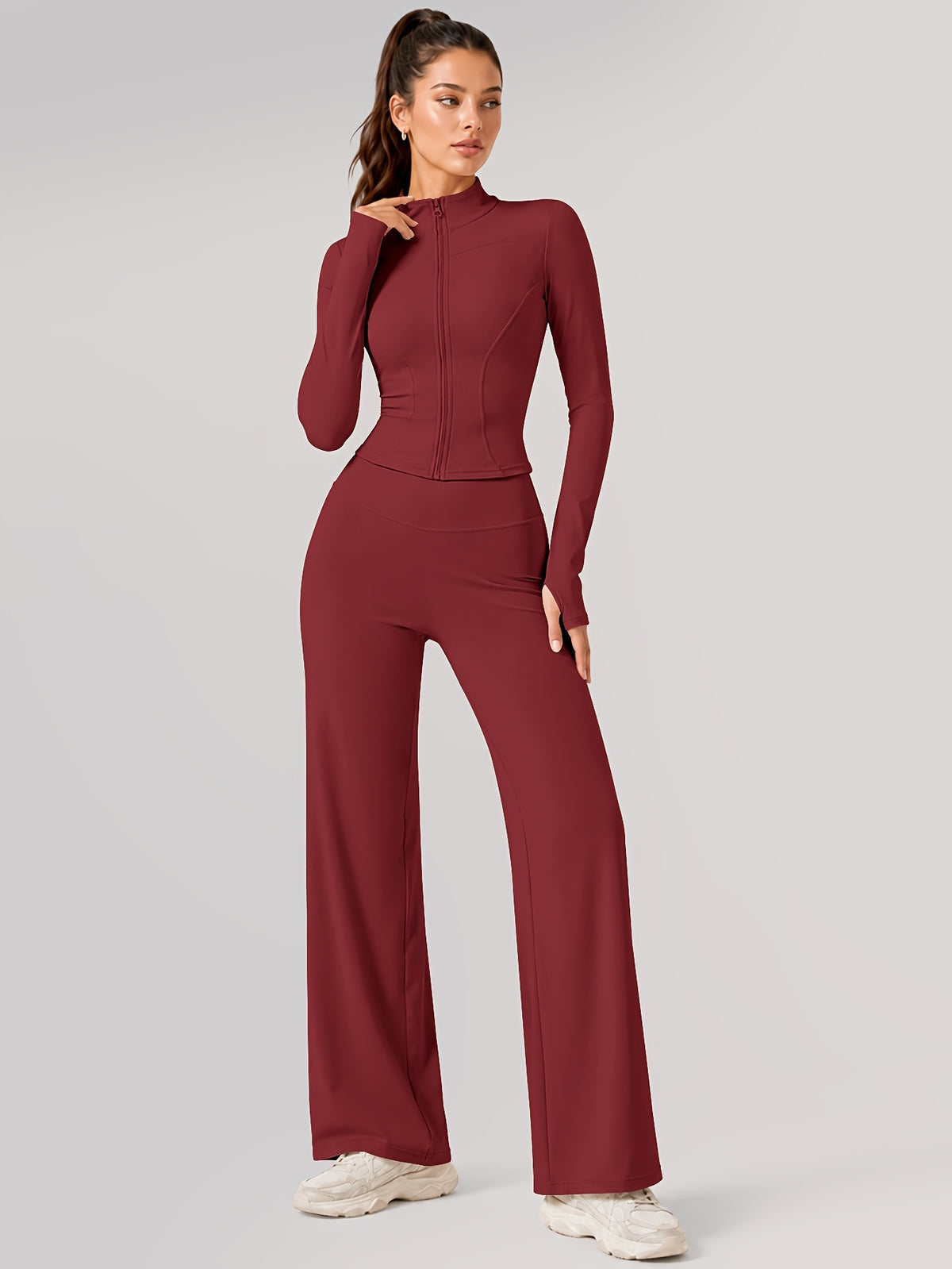 Zip Jacket & Wide Leg Pants Set - Burgundy
