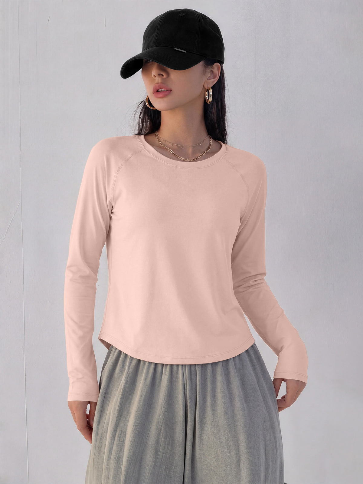 Mesh Back Panel Long Sleeve Top - Pink