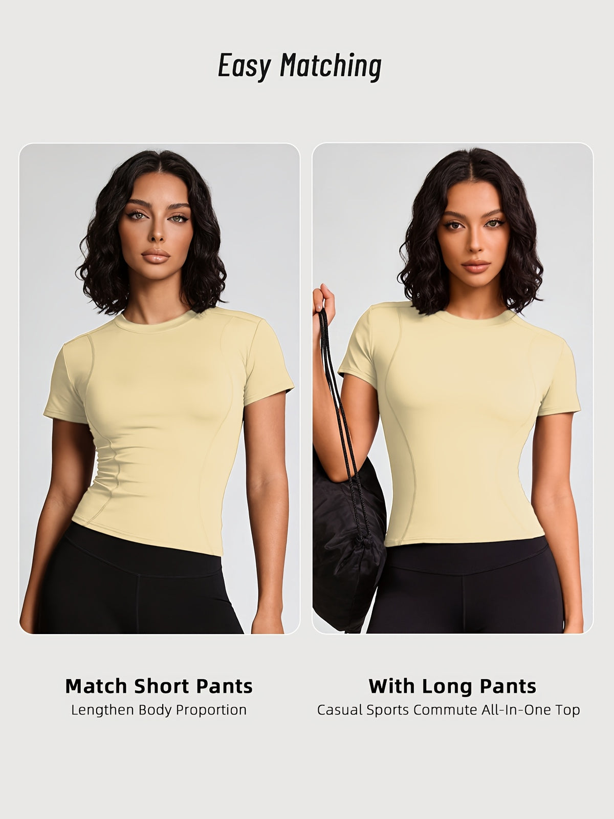 Quick-Dry Round Neck Yoga Tee - Light Yellow