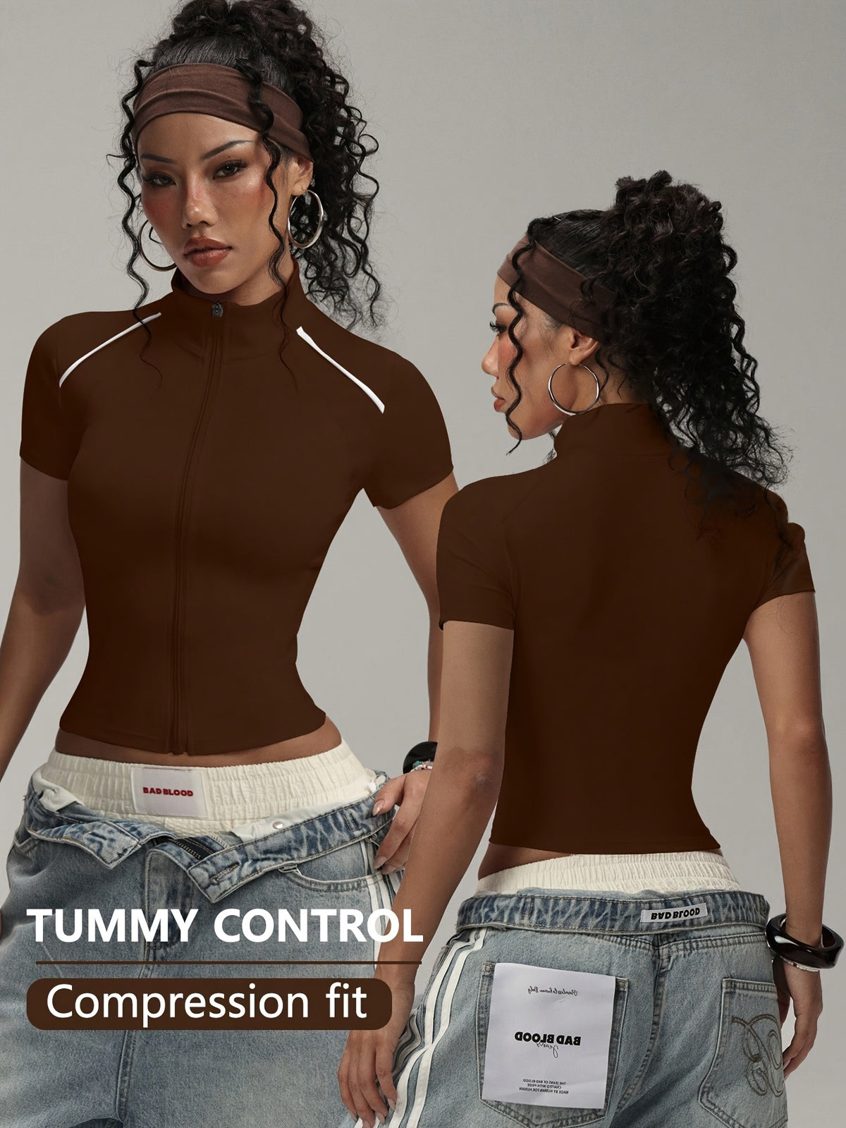 Half Zip Short Sleeve Top - Brown