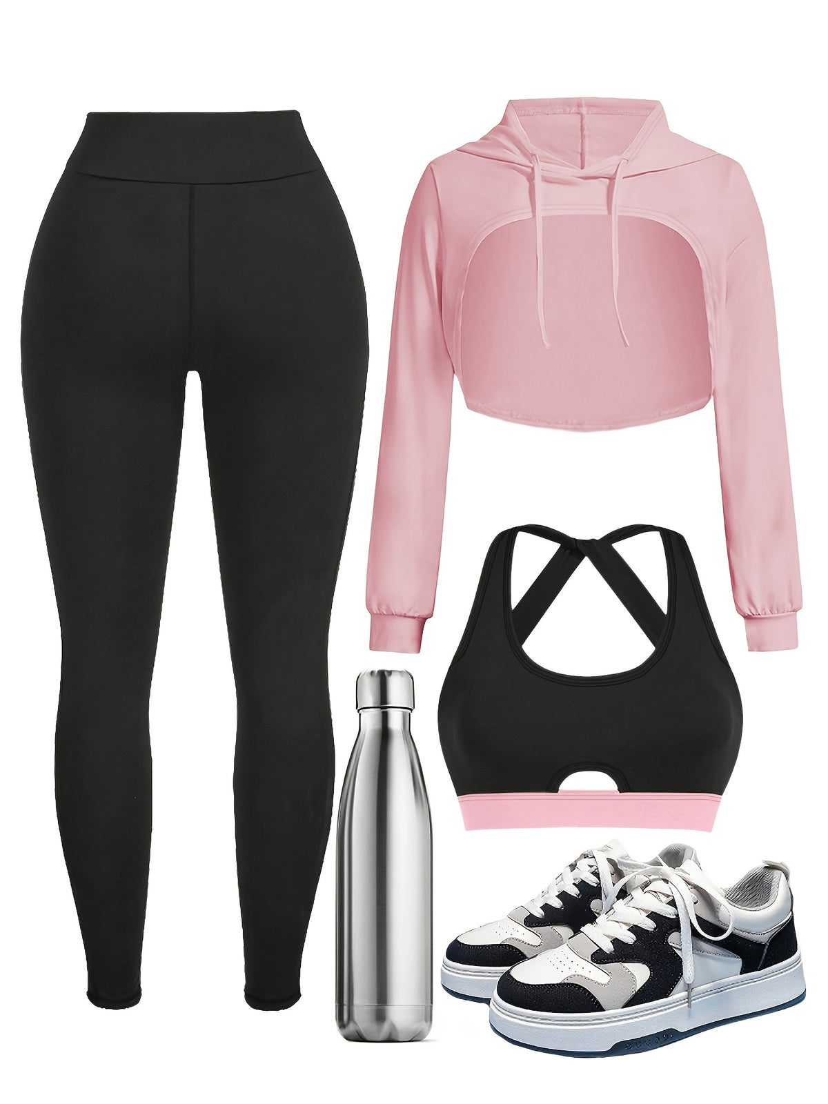 3 Piece Hooded Top, Bra & Leggings Set - Pink & Black