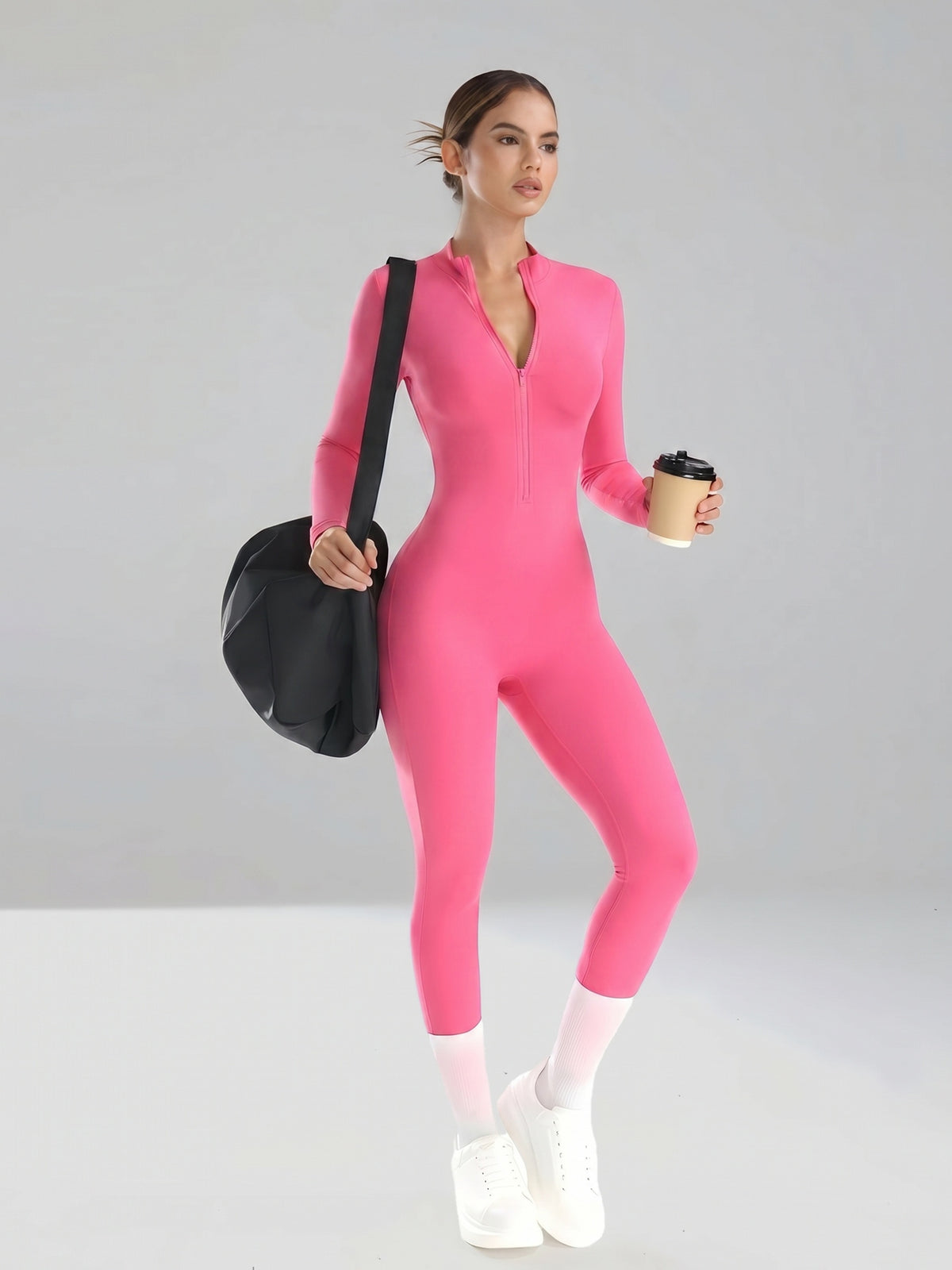 Half Zip Stand Collar Unitard - Bright Pink