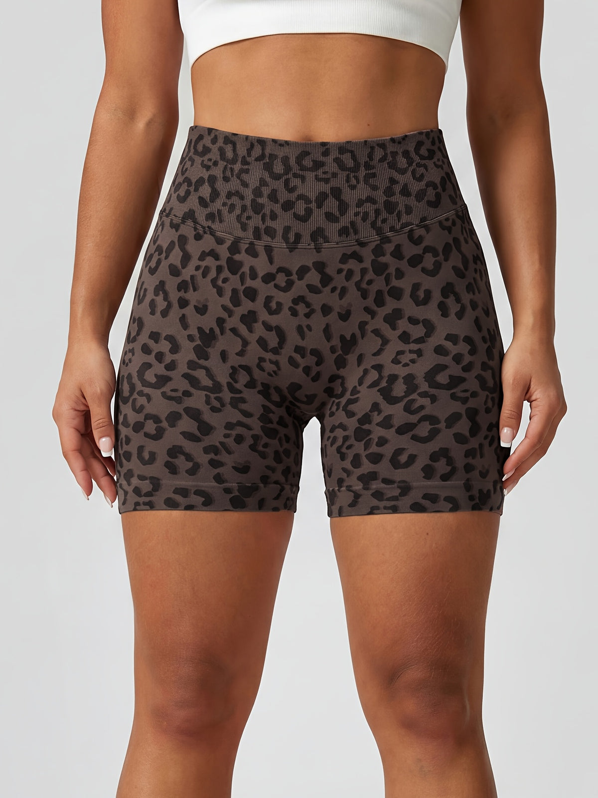 Leopard Seamless Ribbed Biker Shorts - Brown Black
