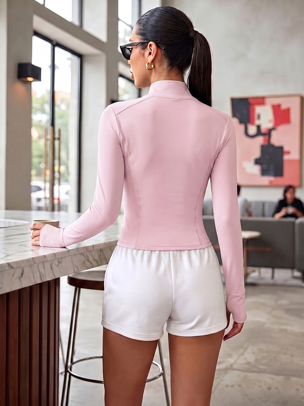 Slim Fit Stand Collar Zip Jacket - Pink