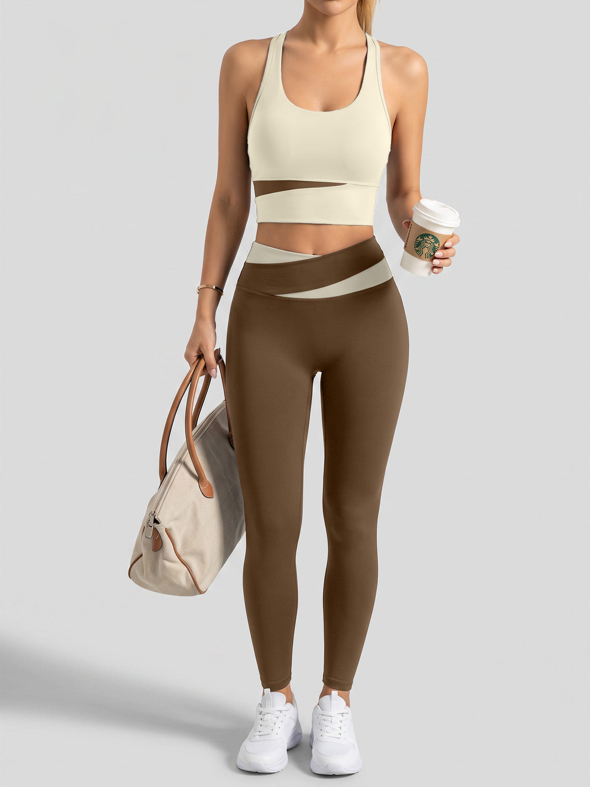 Letter Back Bra & Crossover Waist Leggings Set - Ivory White & Cocoa
