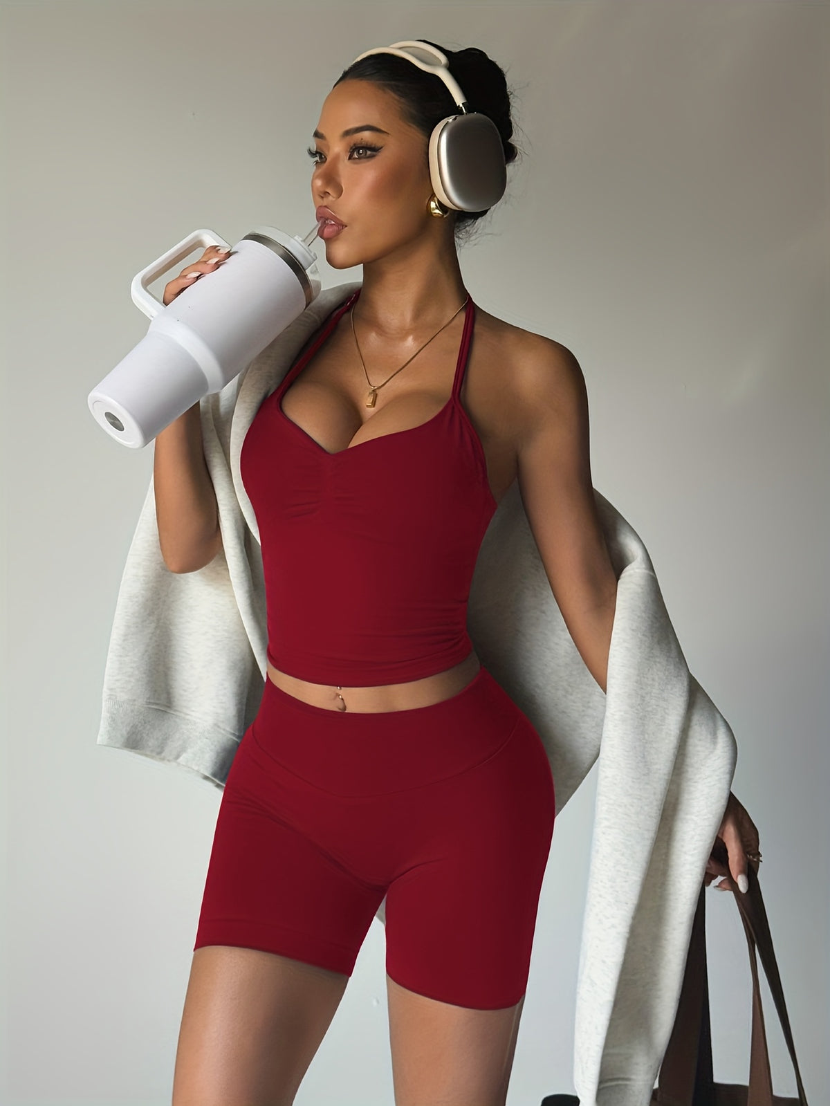 Halter Open Back Vest & Shorts Set - Angola Red