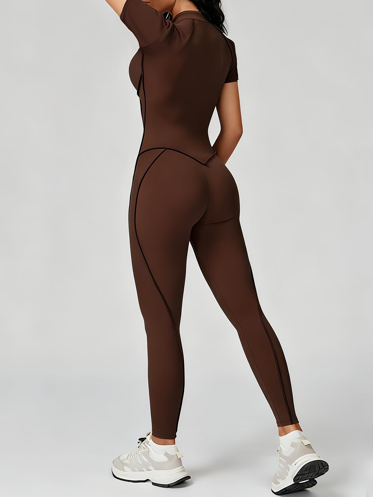Short Sleeve Half Zip Jumpsuit - Coffee