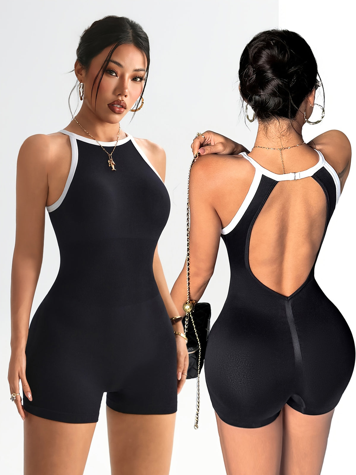 High Neck Open Back Romper - Black