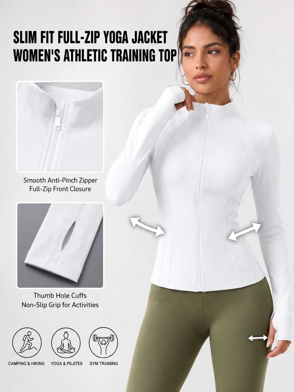 Thumbhole Stand Collar Full Zip Jacket - White