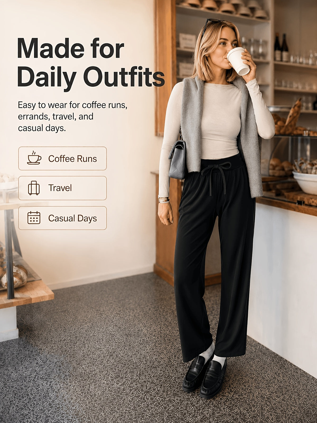 Wide Drawstring Waistband Straight Leg Pants - Black