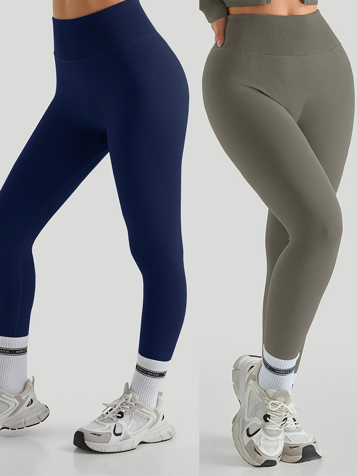 2 Pack Ribbed Tummy Control Leggings - Navy & Olive Green