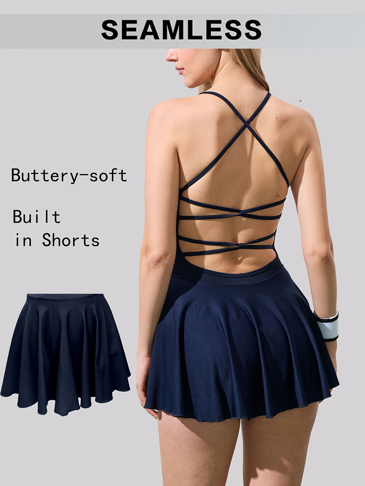 Crisscross Back Tennis Dress With Shorts - Navy