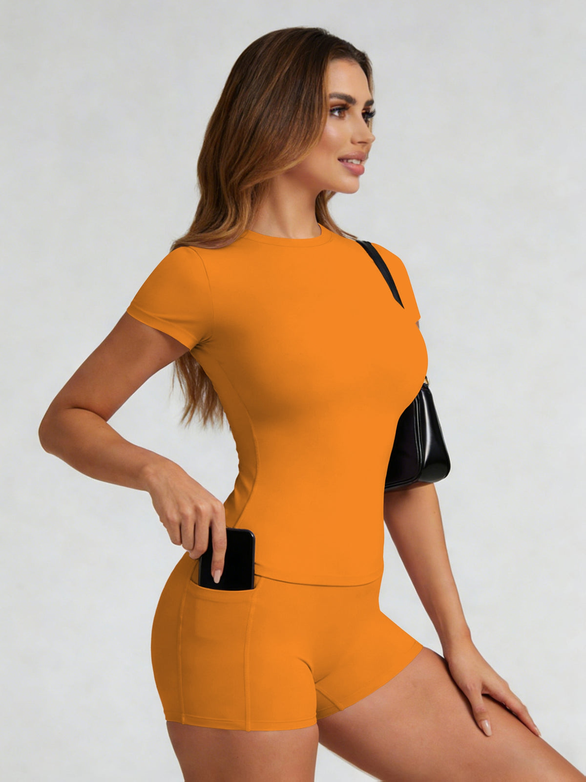 Tummy Control Top & Pocket Shorts Set - Orange