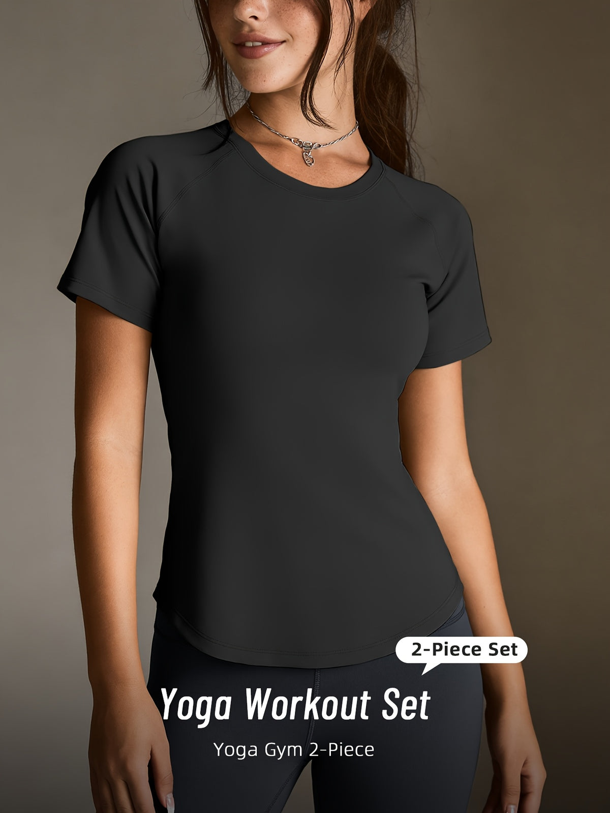 Mesh Cutout Tee & High Waist Leggings Set - Black & Dark Grey