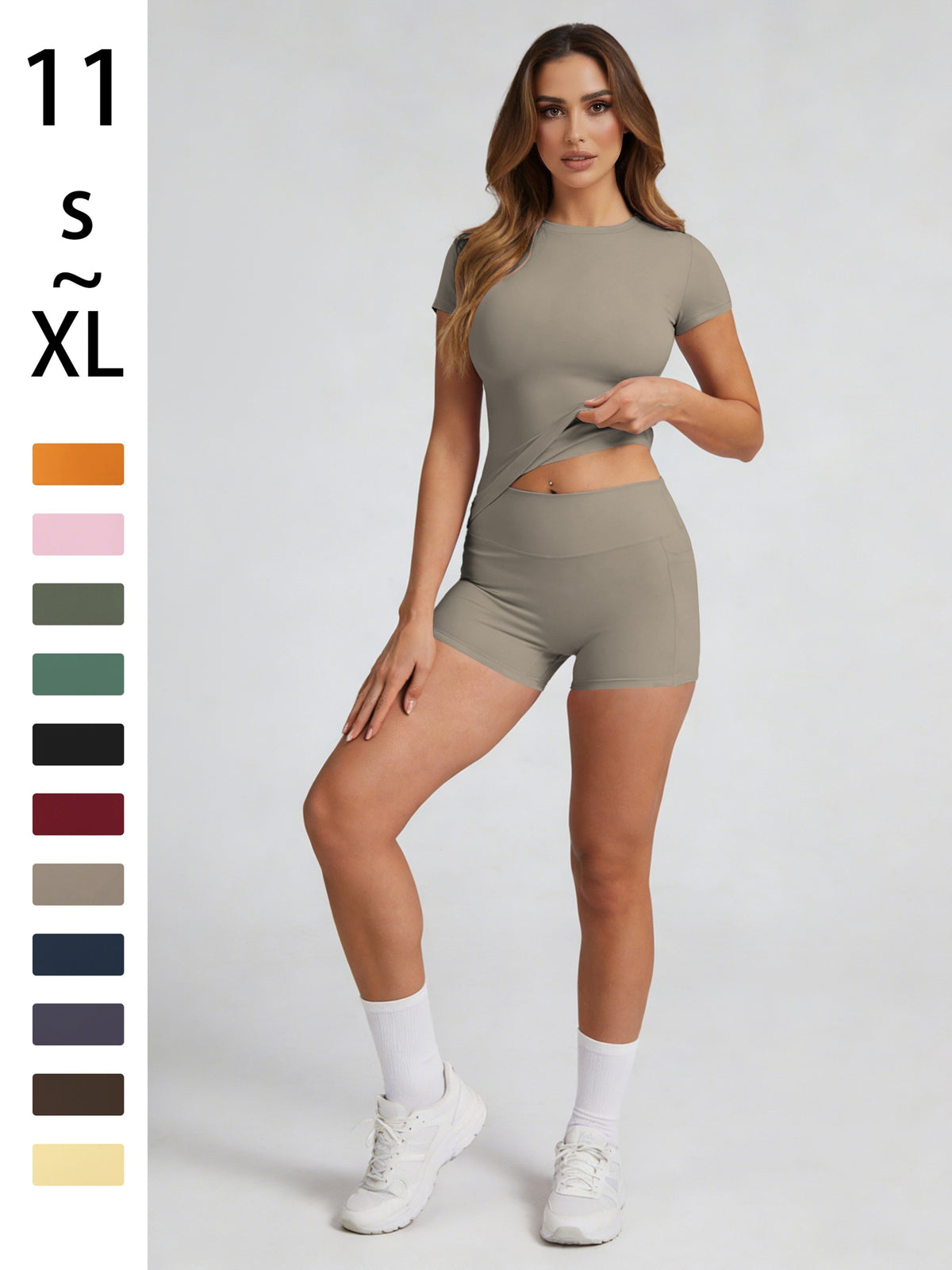 Tummy Control Top & Pocket Shorts Set - Gray Coffee