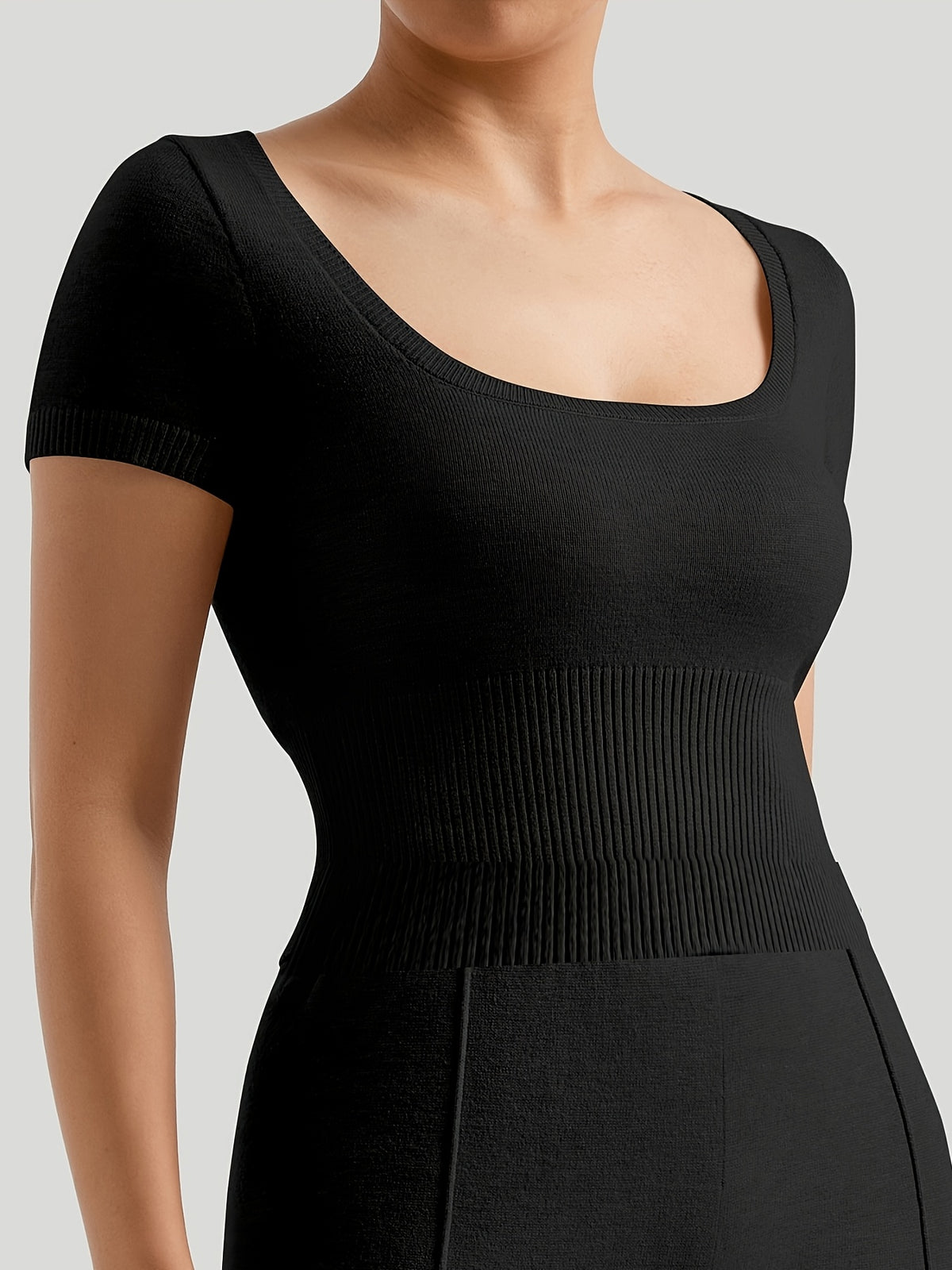 Seamless Square Neck Tee & Wide Leg Set - Black