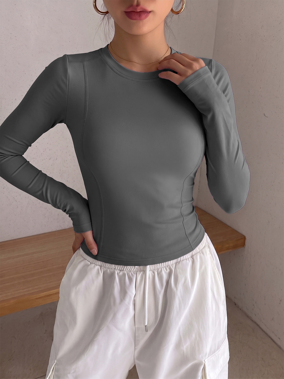Round Neck Shaping Long Sleeve Top - Grey