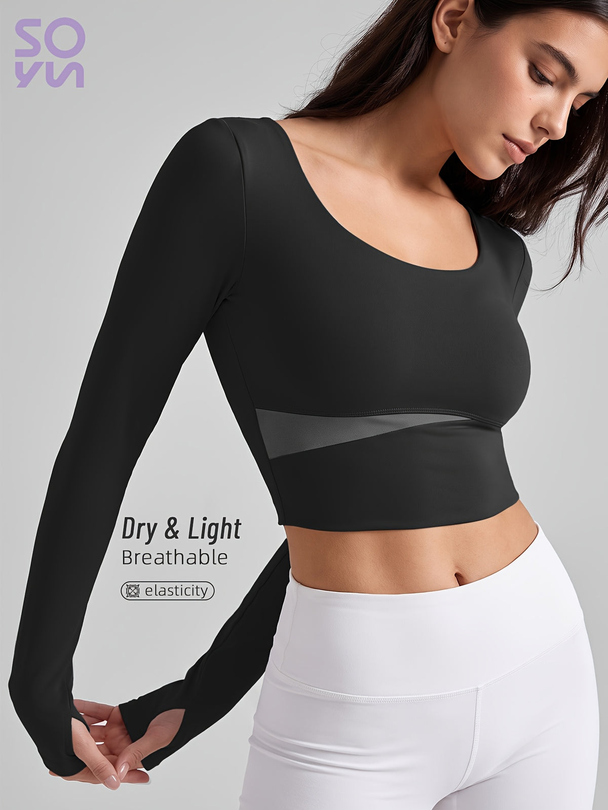 Color Block Padded Long Sleeve Top - Black
