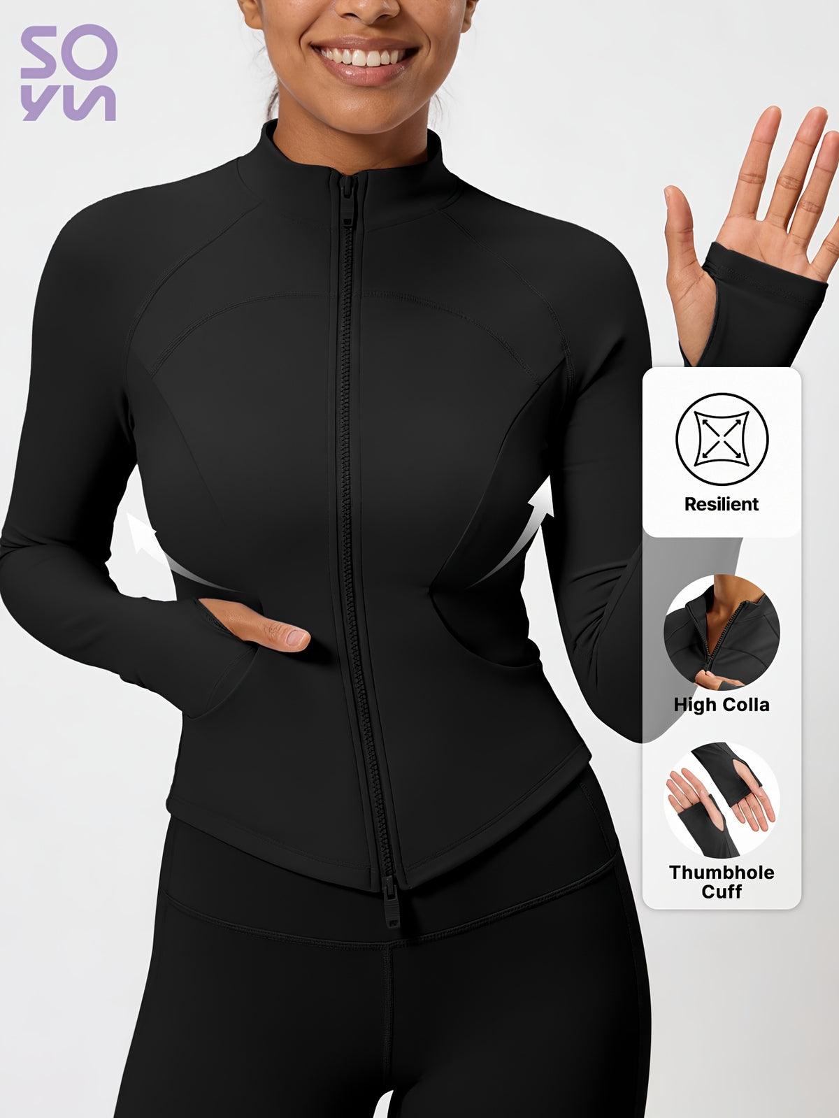 Pocket Solid Running Sports Jacket - Black