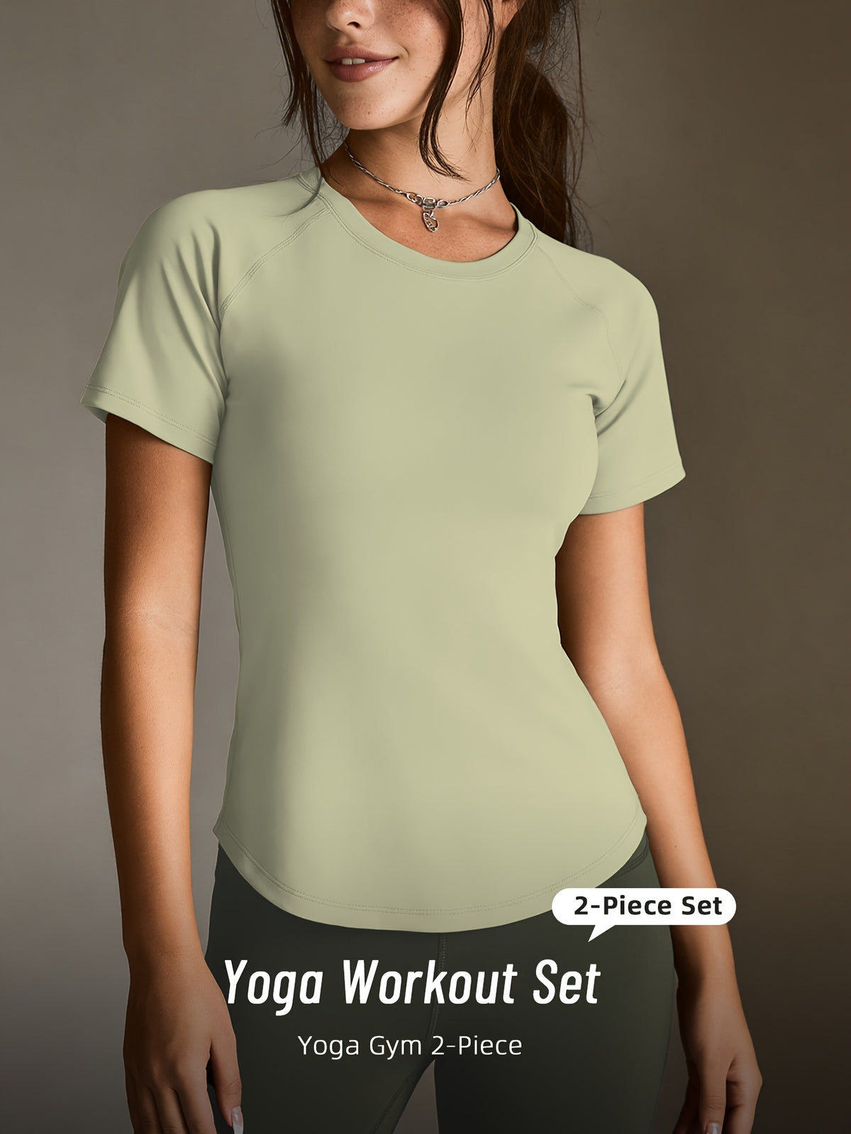 Mesh Cutout Tee & High Waist Leggings Set - Light Green & Olive Green