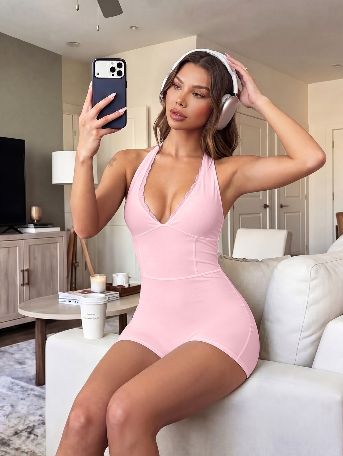 Lace Halter Deep V Romper - Hot Pink