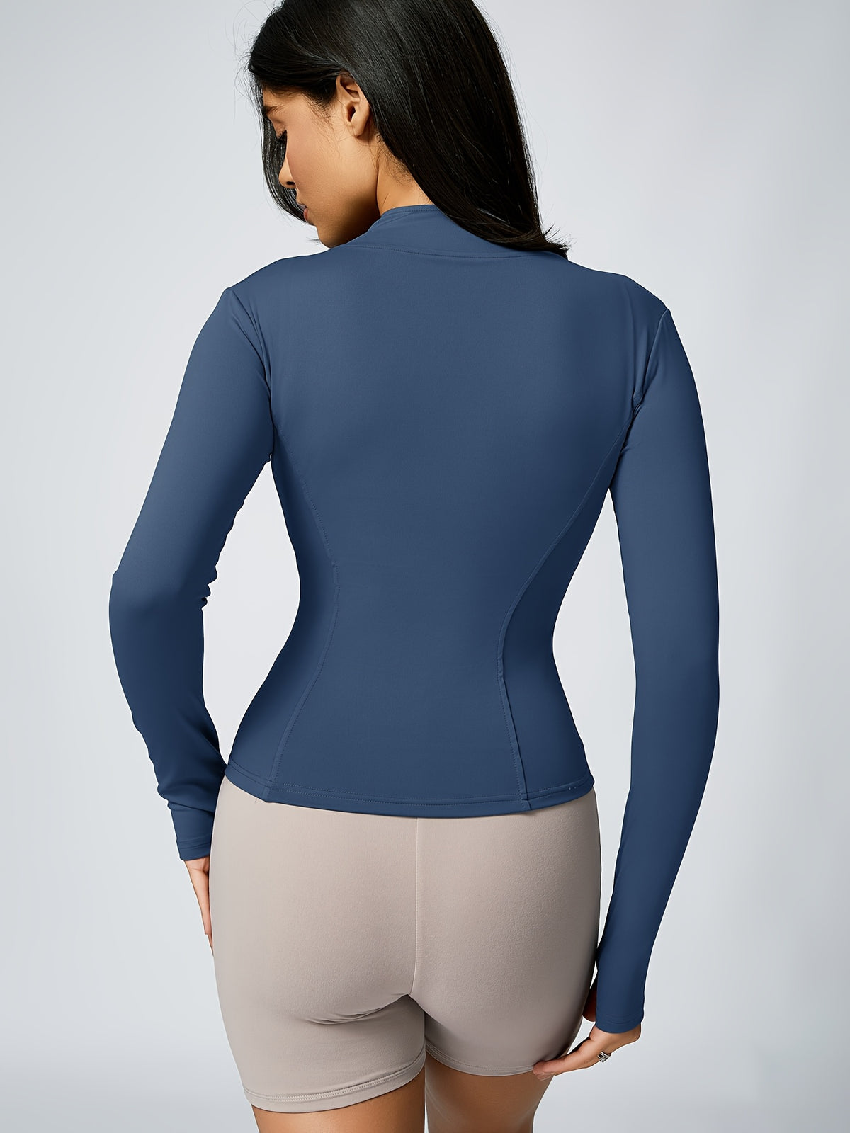 Stand Collar Thumbhole Zip Top - Blue