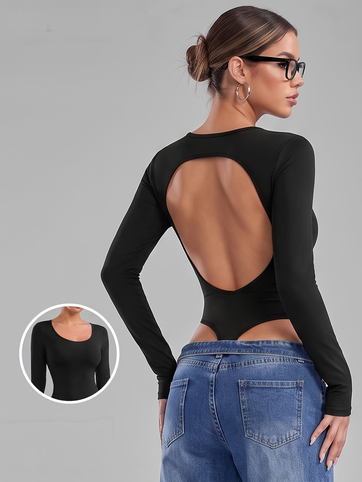 Open Back Scoop Neck Bodysuit - Black