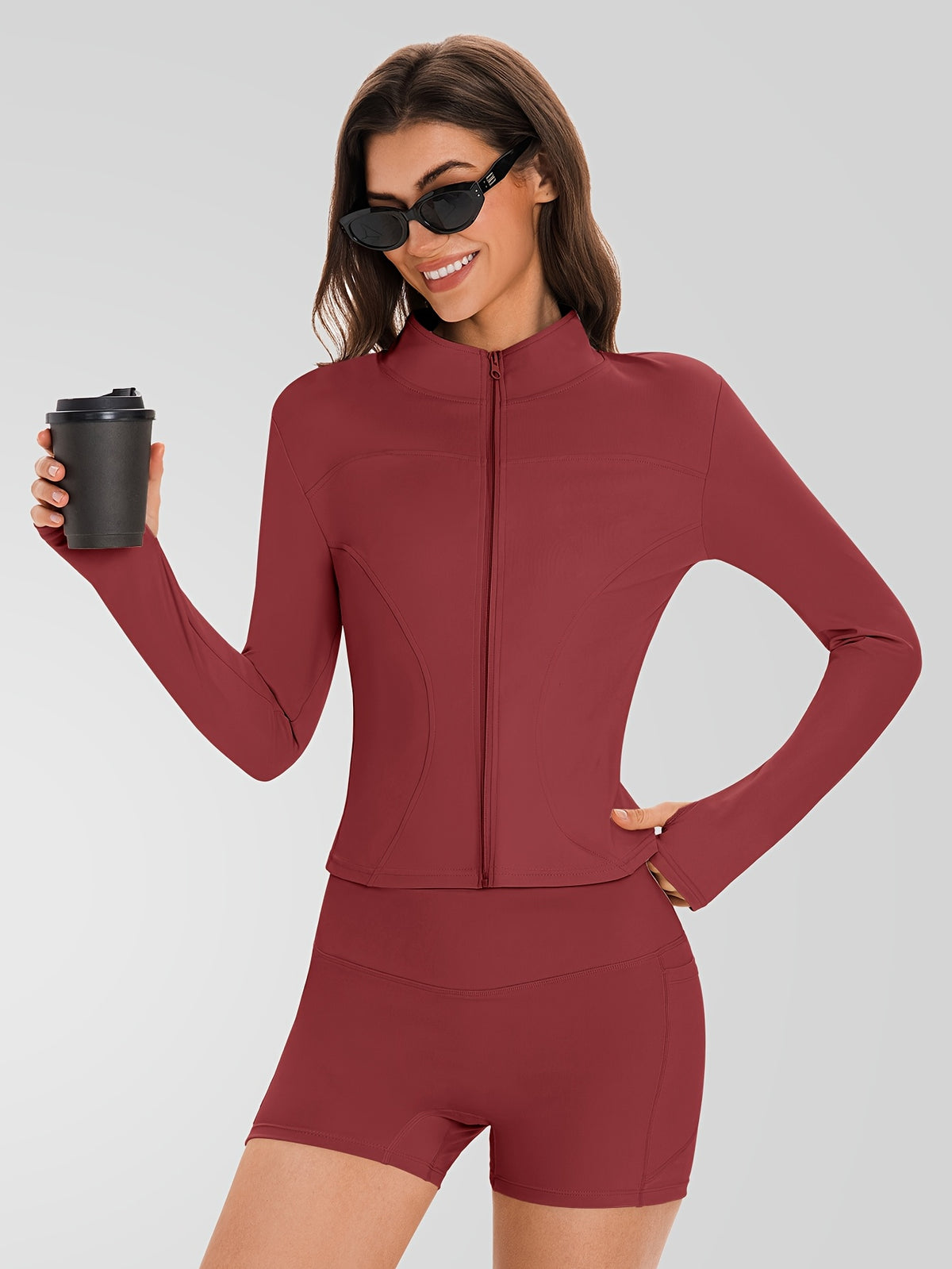 Zip Jacket & Pocket Shorts Set - Burgundy