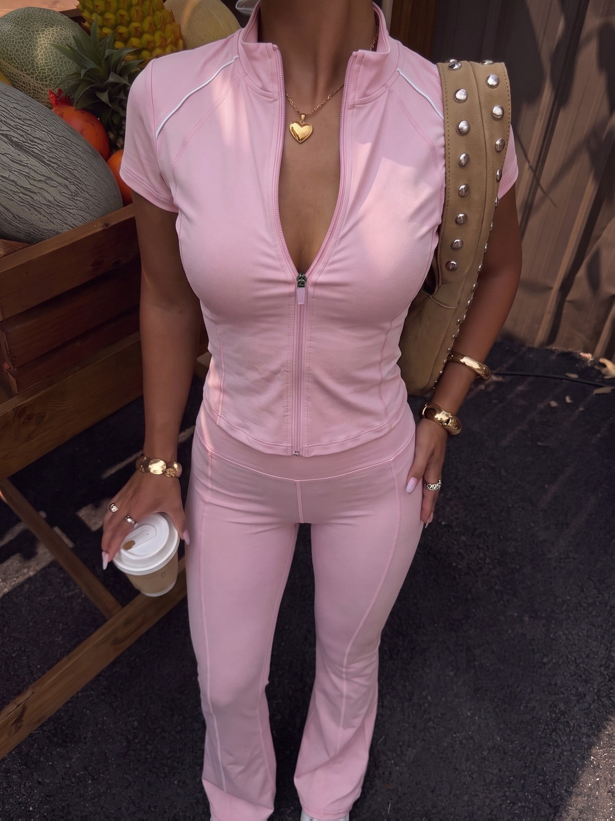Zipper Jacket & Wide Leg Trousers Set - Hot Pink