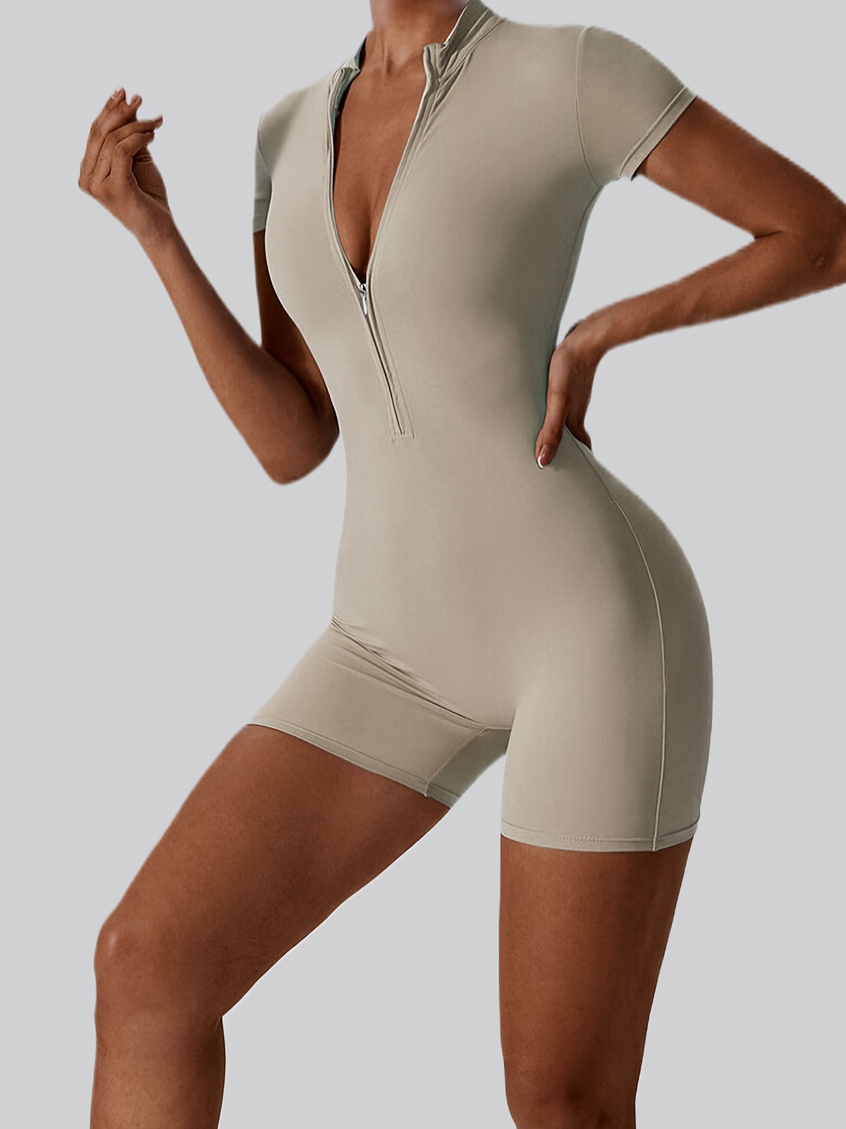 Short Sleeve Zip Front Shorts Bodysuit - Light Grey